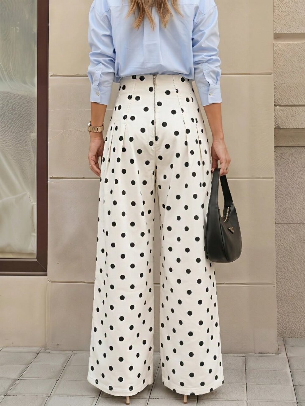 Beige Casual Women's Polka Dot Pattern Pleated Wide Leg Loose Denim Pants - Picture 7 of 8